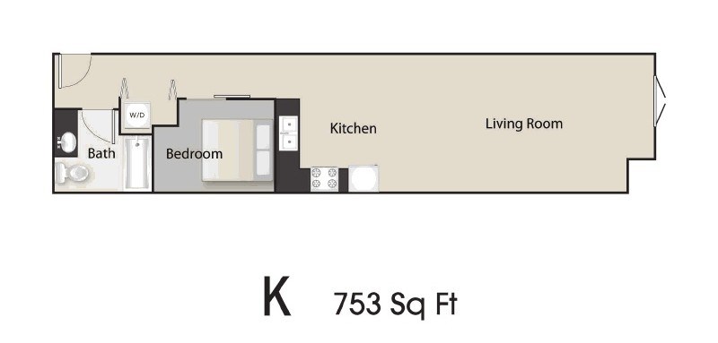 Floor plan for 1 bed, 1 bath, 753 sqft